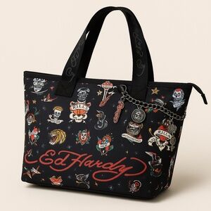Ed Hardy Tattoo Print Tote Bag with Charms Skull Rose Logo Black Nylon NWT
